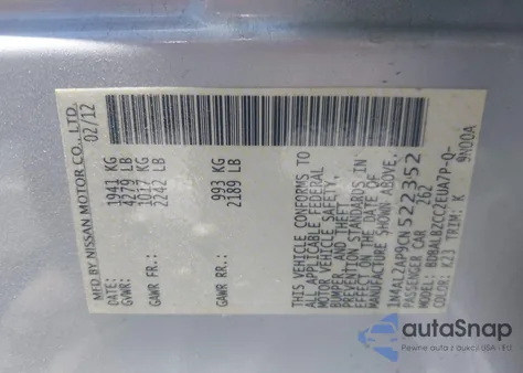 2012 Nissan Altima 2.5 S z USA, uszkodzony, nr VIN 1N4AL2AP9CN522352